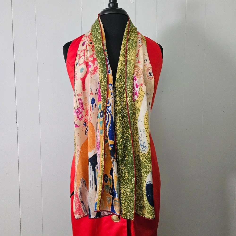 Gustav Klimt Art Print Silk Scarf Women Multicolor Oblong Hand Rolled Edges
